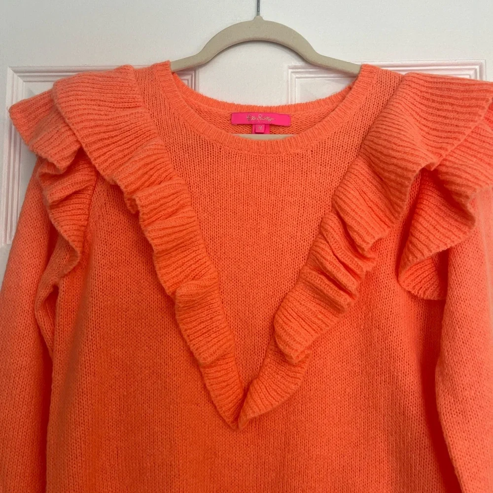 NWT Lilly Pulitzer Coral Orange Ruffle Scoop Neck Sweater - Picture 3 of 6